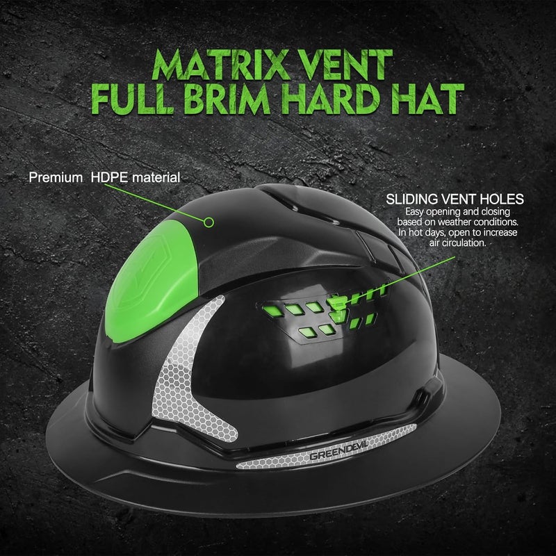 GREEN DEVIL Matrix Full Brim Hard Hat with Headlight Vented Construction Safety Helmet OSHA Approved Cascos De Construccion Work Hardhat for Men&Women - Image 2